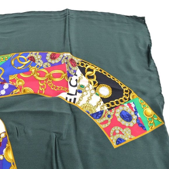 Auth Chanel Bijou Motif Big Scarf Stole Green Multicolor Silk - Picture 3 of 8